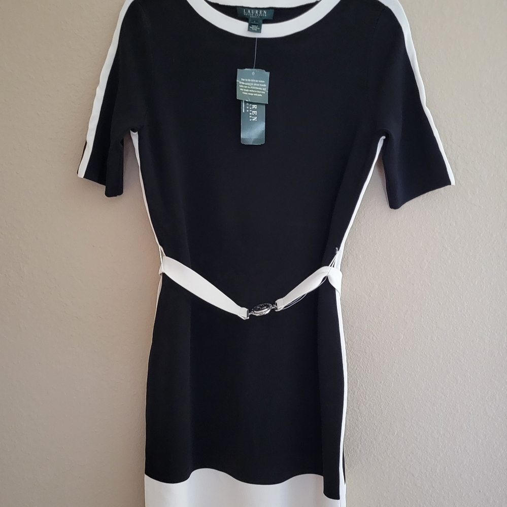 RL black/white Color block belted knitted dress